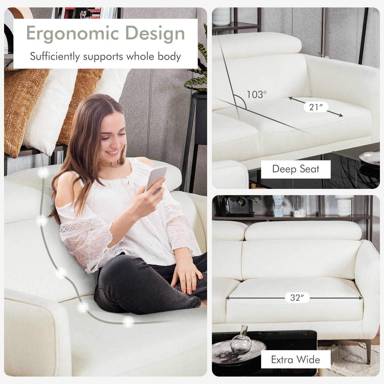 Costway Modern Sofa Set Adjustable Headrest 26731598 New