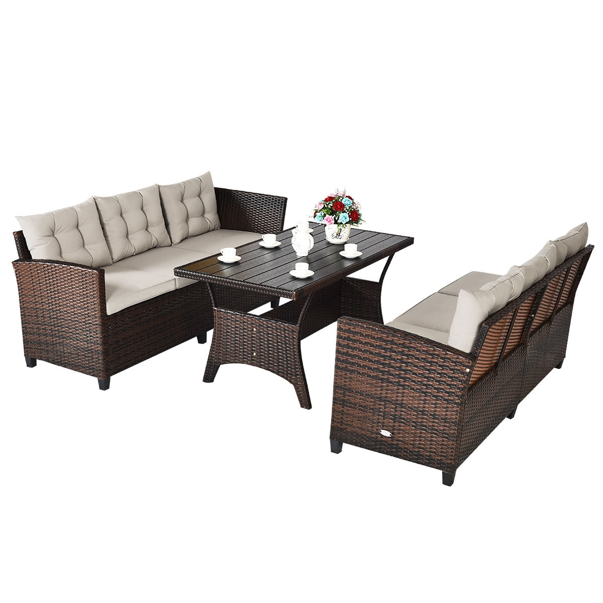 Costway 3-Piece Hand-Woven Rattan Outdoor Sofa Set with Dining Table 89705631 New