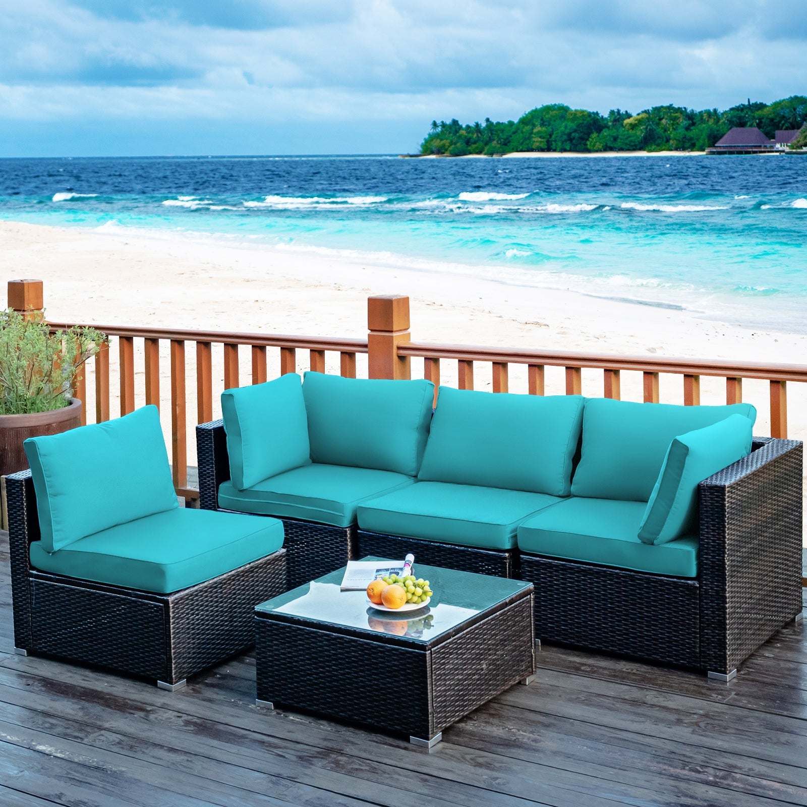 Costway 5-Piece Cushioned Patio Rattan Sofa Set with Glass Table Turquoise 80457192 New