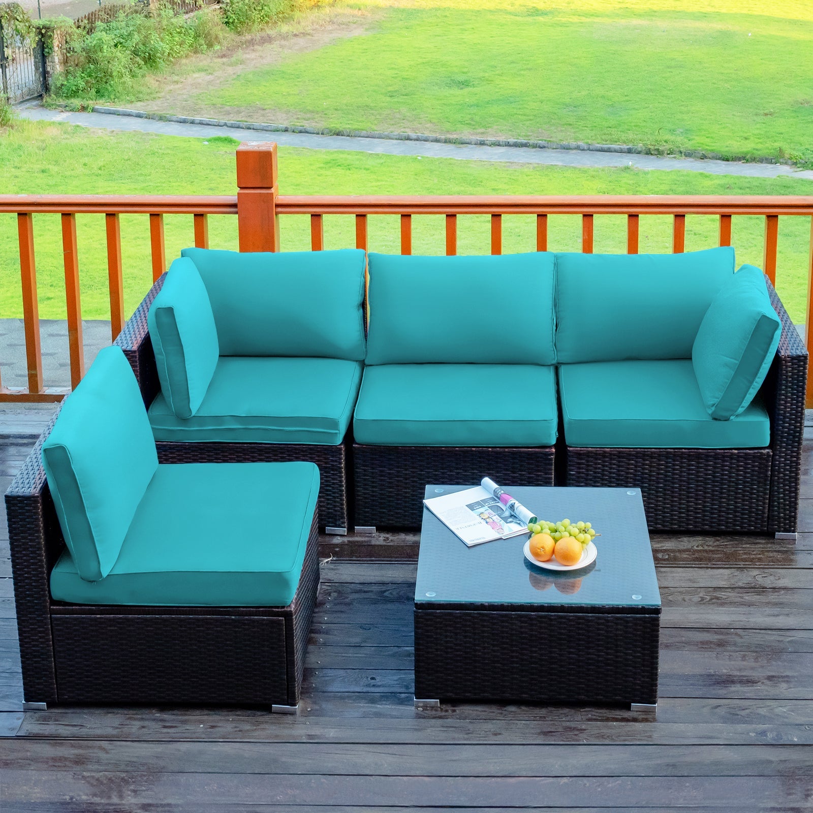 Costway 5-Piece Cushioned Patio Rattan Sofa Set with Glass Table Turquoise 80457192 New