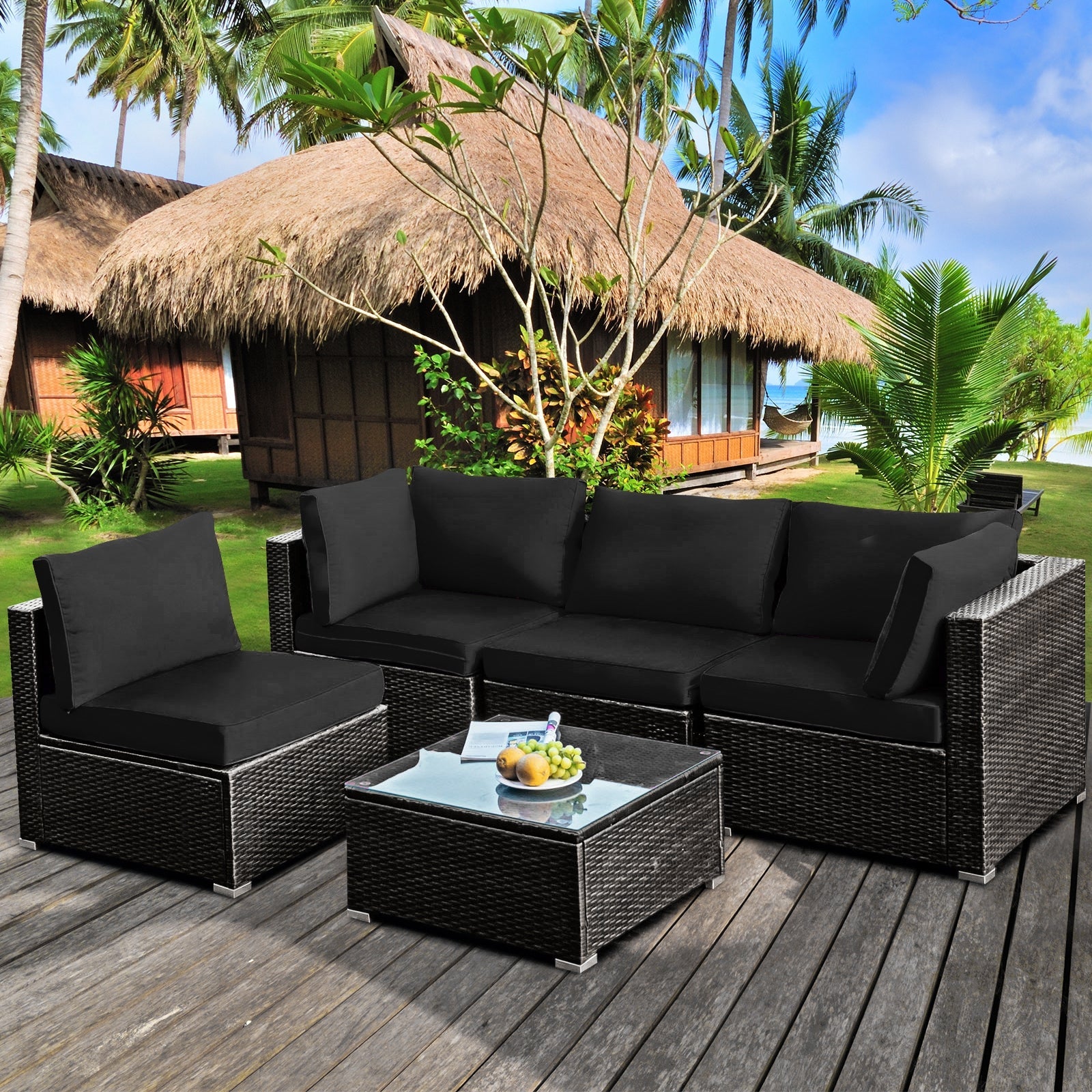 Costway 5-Piece Cushioned Patio Rattan Sofa Set with Glass Table Turquoise 80457192 New