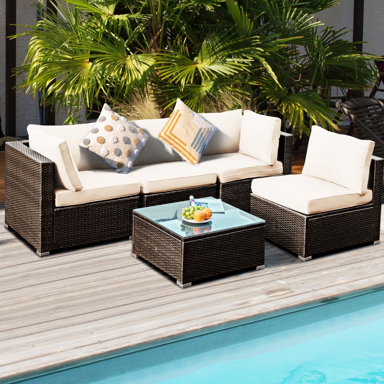Costway 5-Piece Cushioned Patio Rattan Sofa Set with Glass Table Turquoise 80457192 New