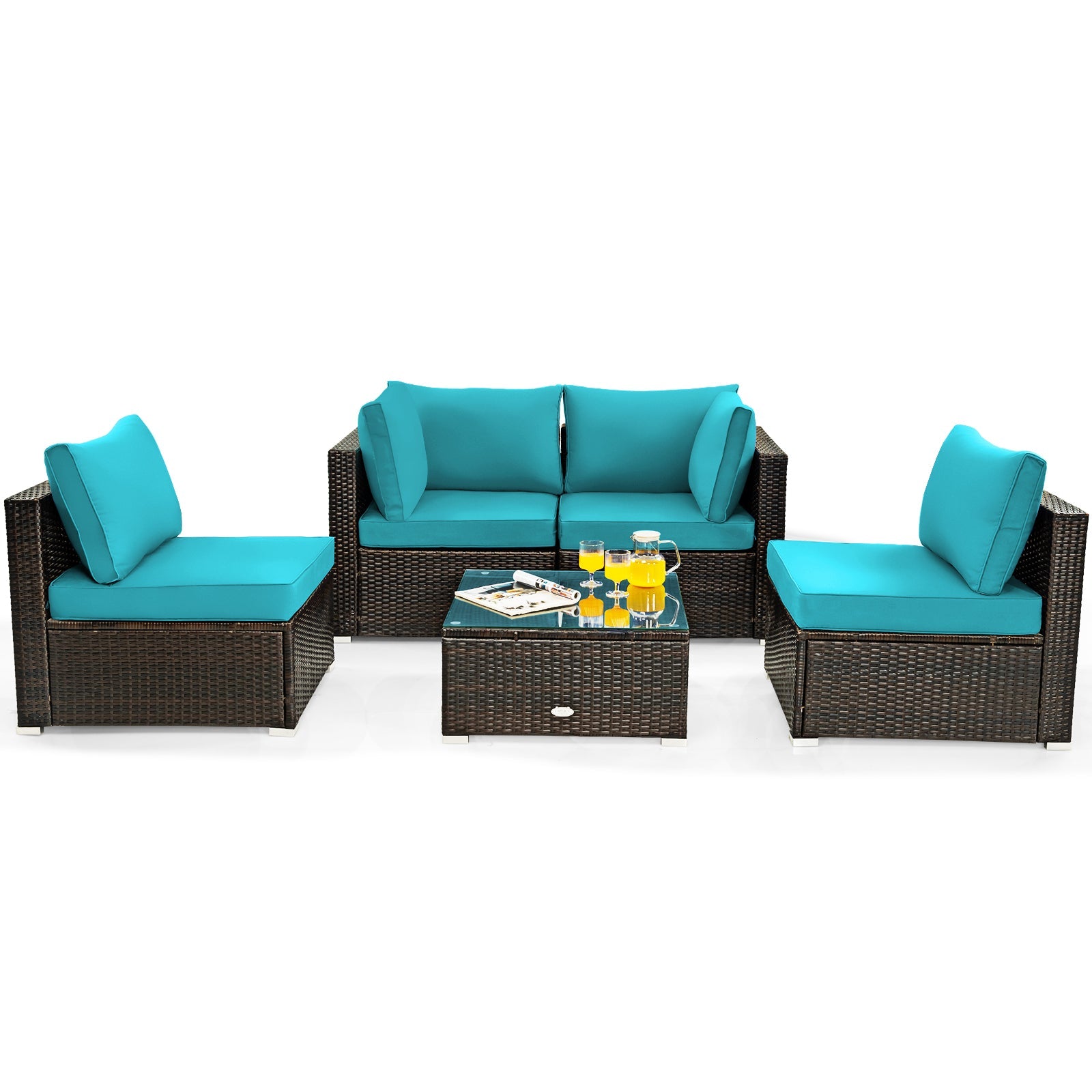 Costway 5-Piece Cushioned Patio Rattan Sofa Set with Glass Table Turquoise 80457192 New