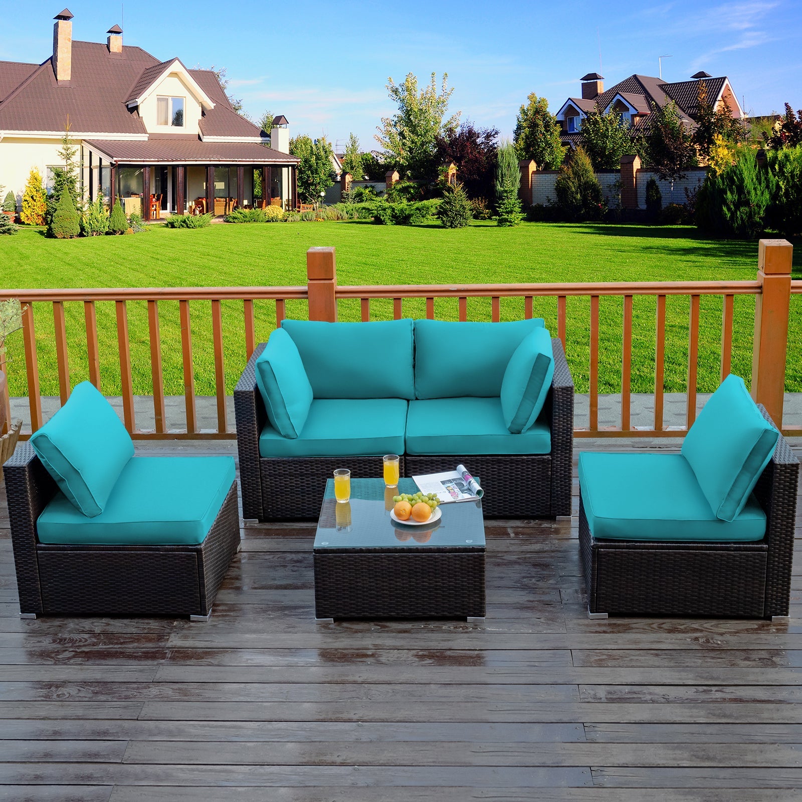 Costway 5-Piece Cushioned Patio Rattan Sofa Set with Glass Table Turquoise 80457192 New