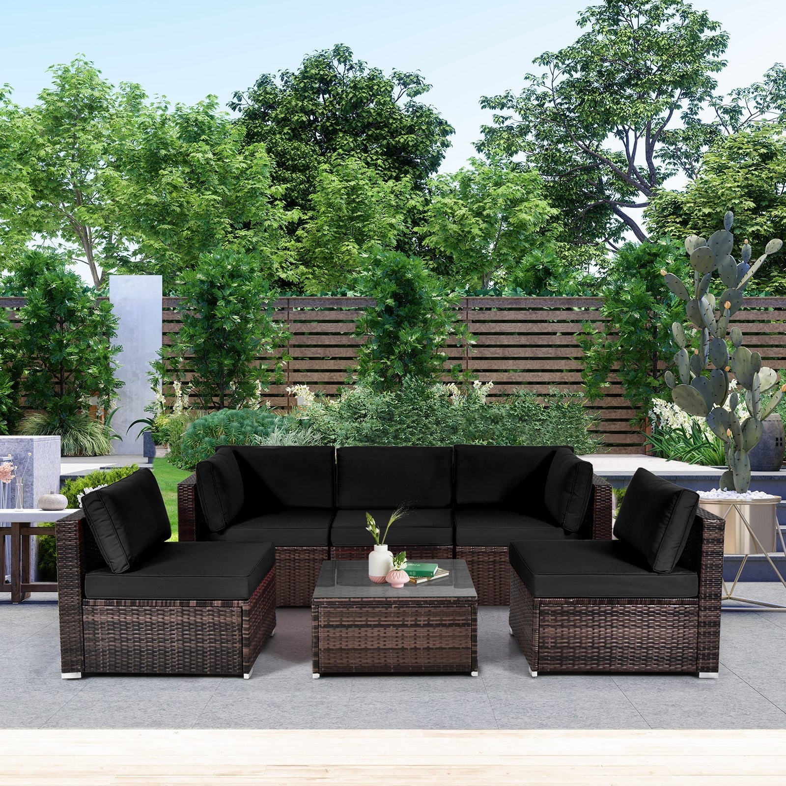 Costway 6-Piece Patio Rattan Sofa Set w/ Cushions & Glass Coffee Table 73265849 New