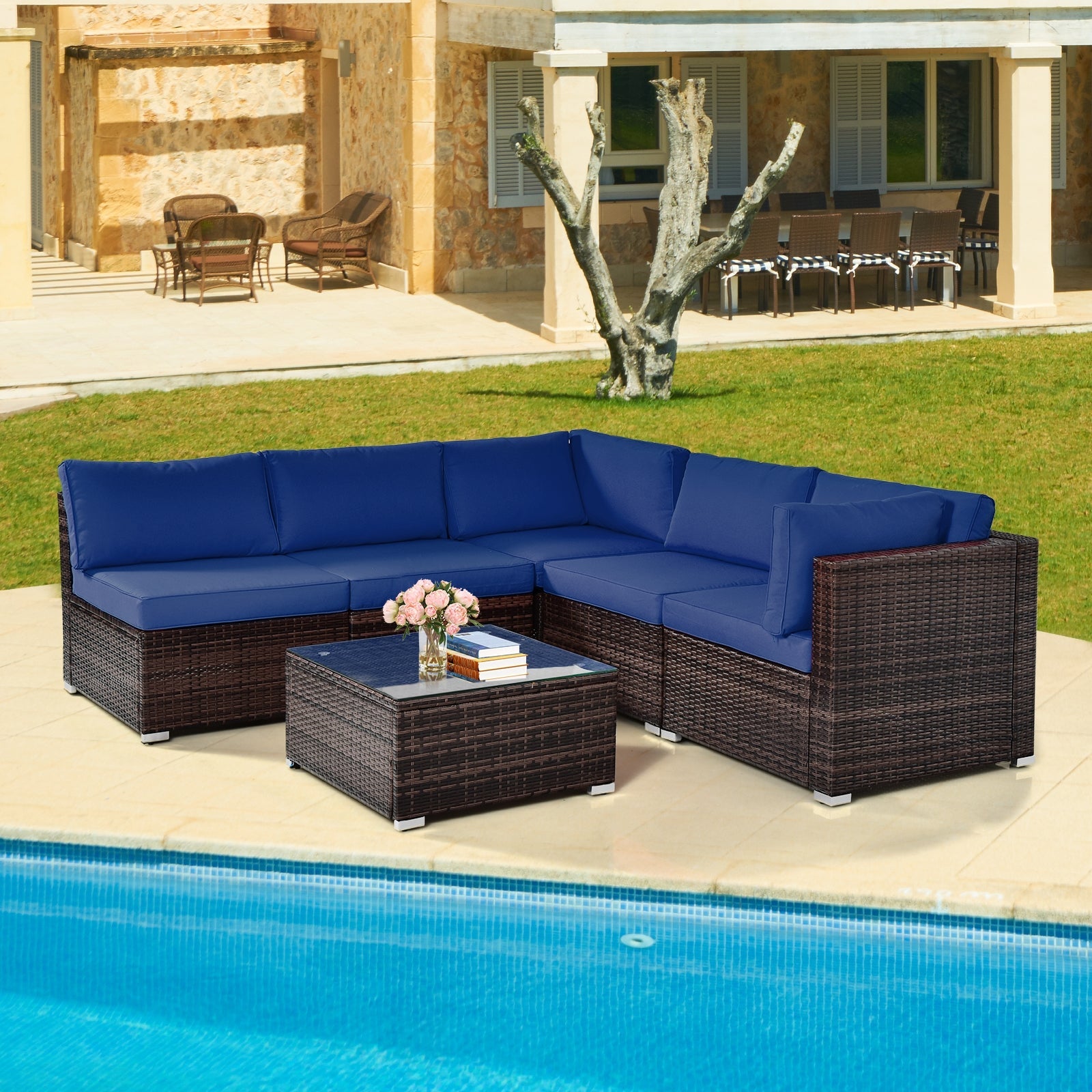 Costway 6-Piece Patio Rattan Sofa Set w/ Cushions & Glass Coffee Table 73265849 New