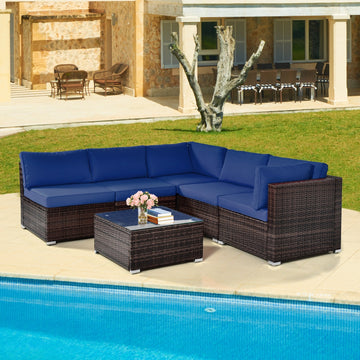 Costway 6-Piece Patio Rattan Sofa Set w/ Cushions & Glass Coffee Table 73265849 New