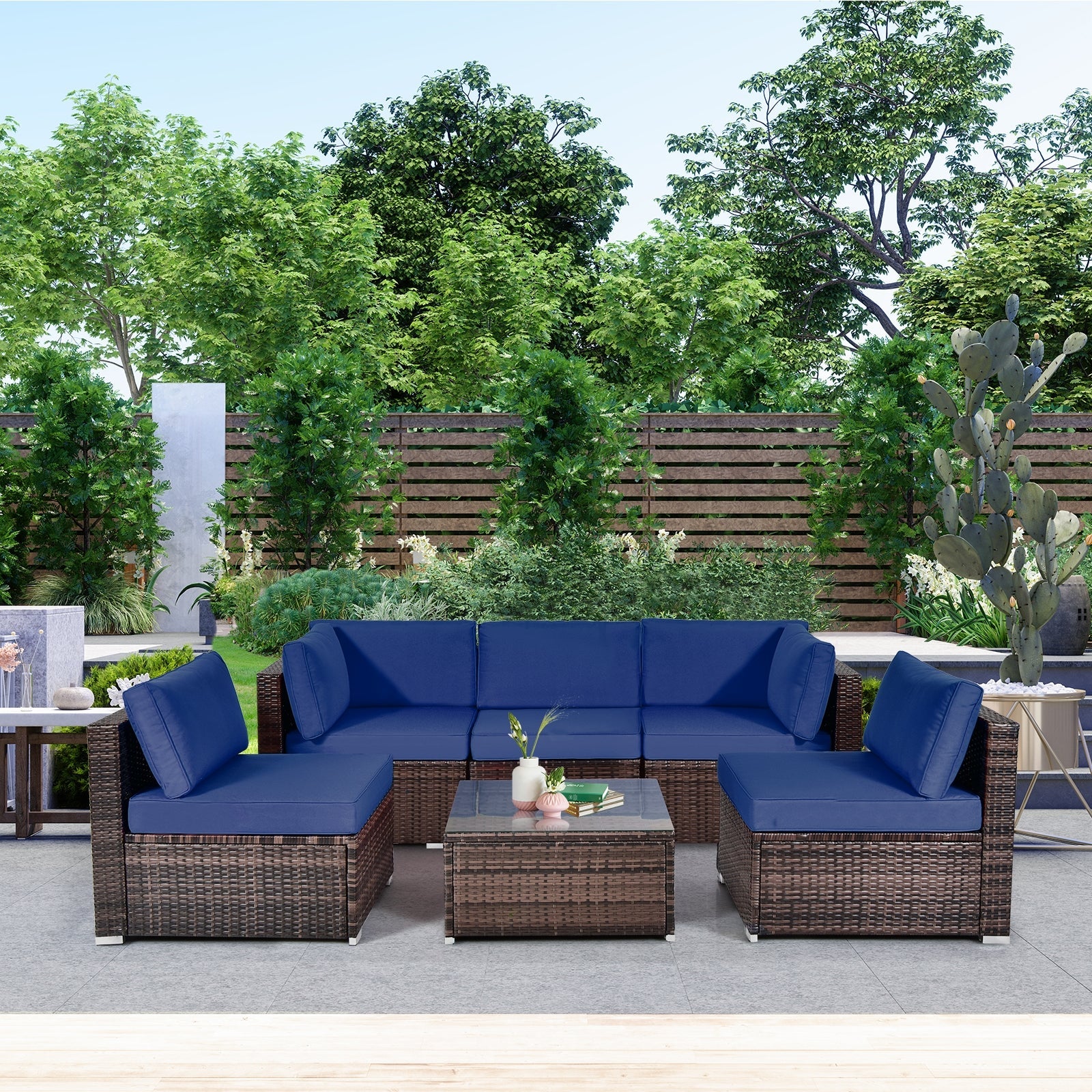 Costway 6-Piece Patio Rattan Sofa Set w/ Cushions & Glass Coffee Table 73265849 New
