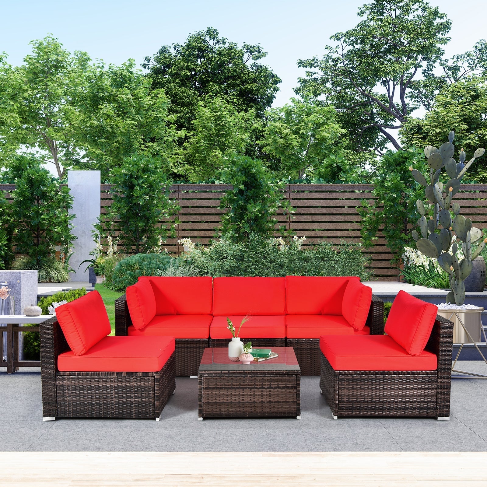 Costway 6-Piece Patio Rattan Sofa Set w/ Cushions & Glass Coffee Table 73265849 New