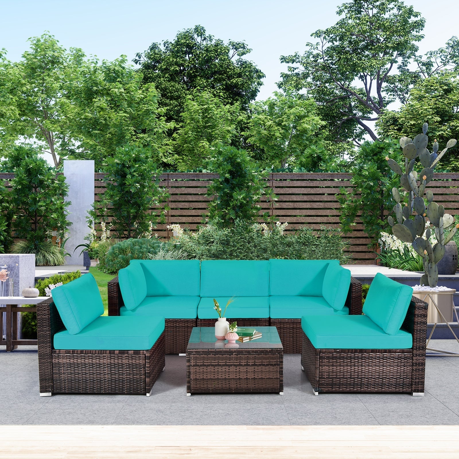 Costway 6-Piece Patio Rattan Sofa Set w/ Cushions & Glass Coffee Table 73265849 New