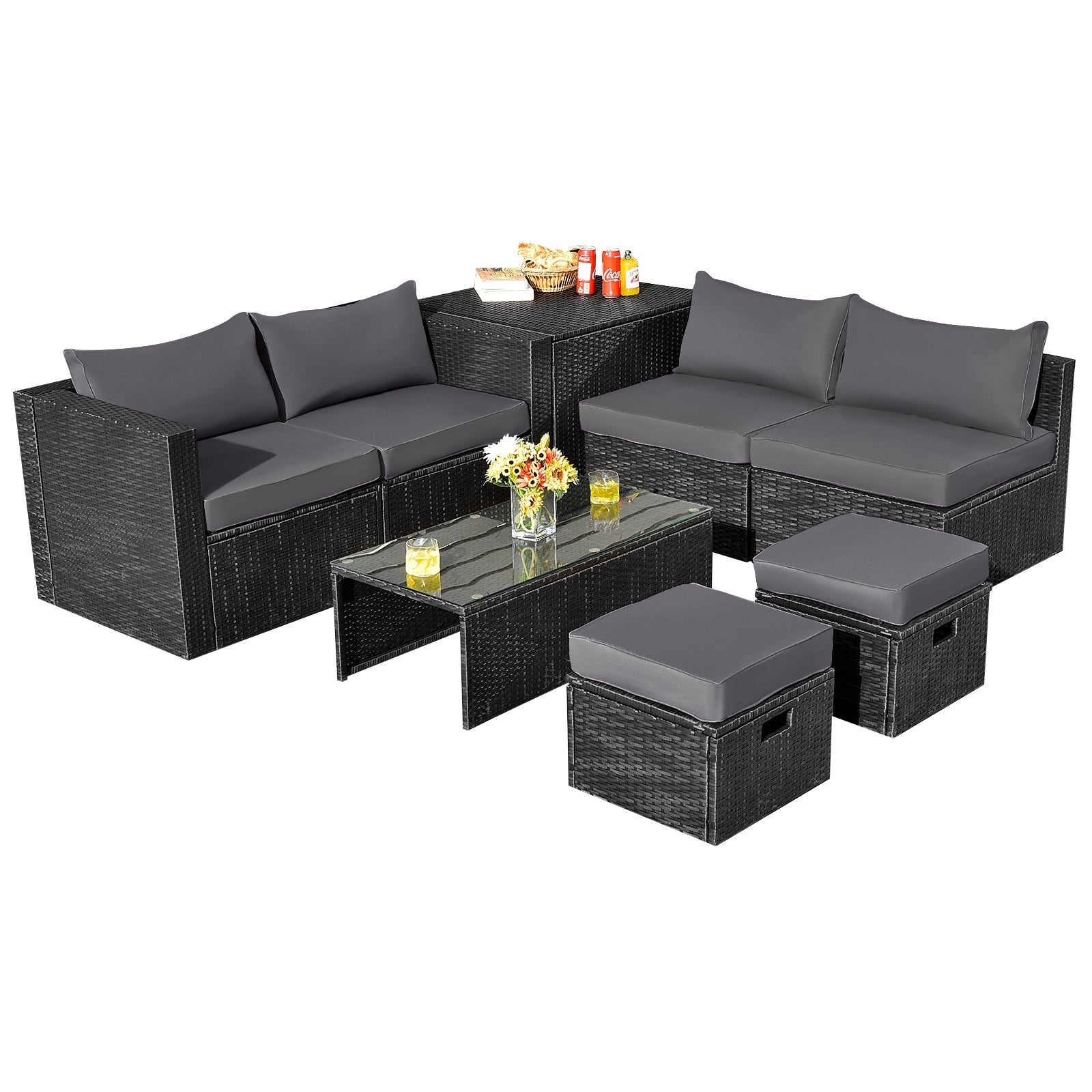 Costway 8-Piece Patio Rattan Furniture Set Storage Table Gray 60532897 New