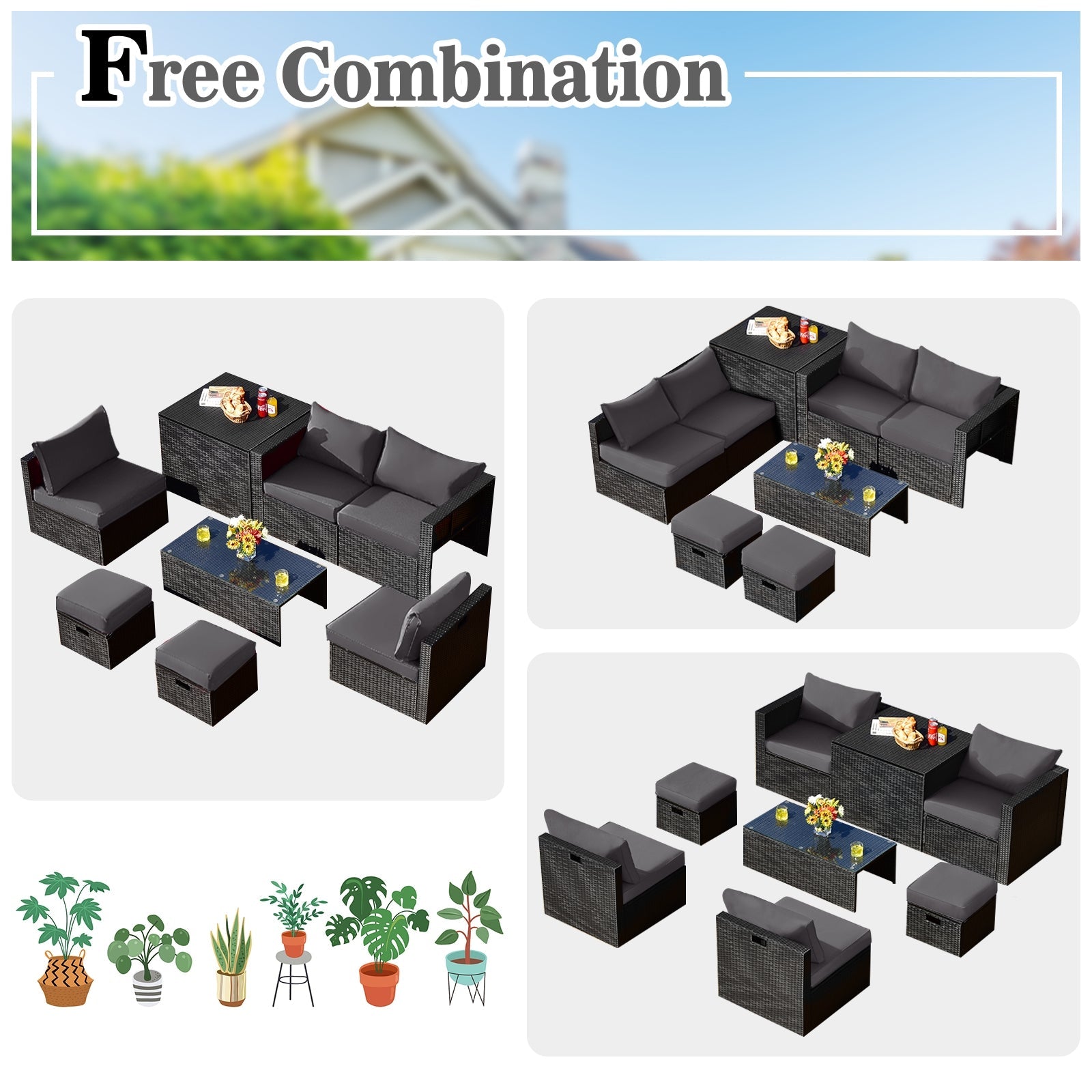 Costway 8-Piece Patio Rattan Furniture Set Storage Table Gray 60532897 New