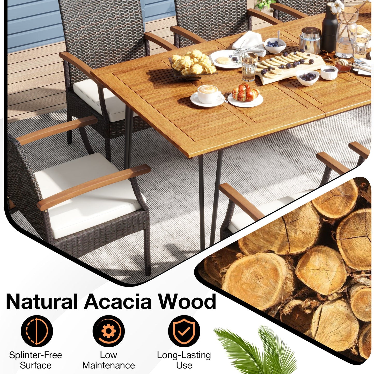 Costway 9-Pc Outdoor Patio Dining Set Acacia Wood Square Table Umbrella Hole 39756241 New