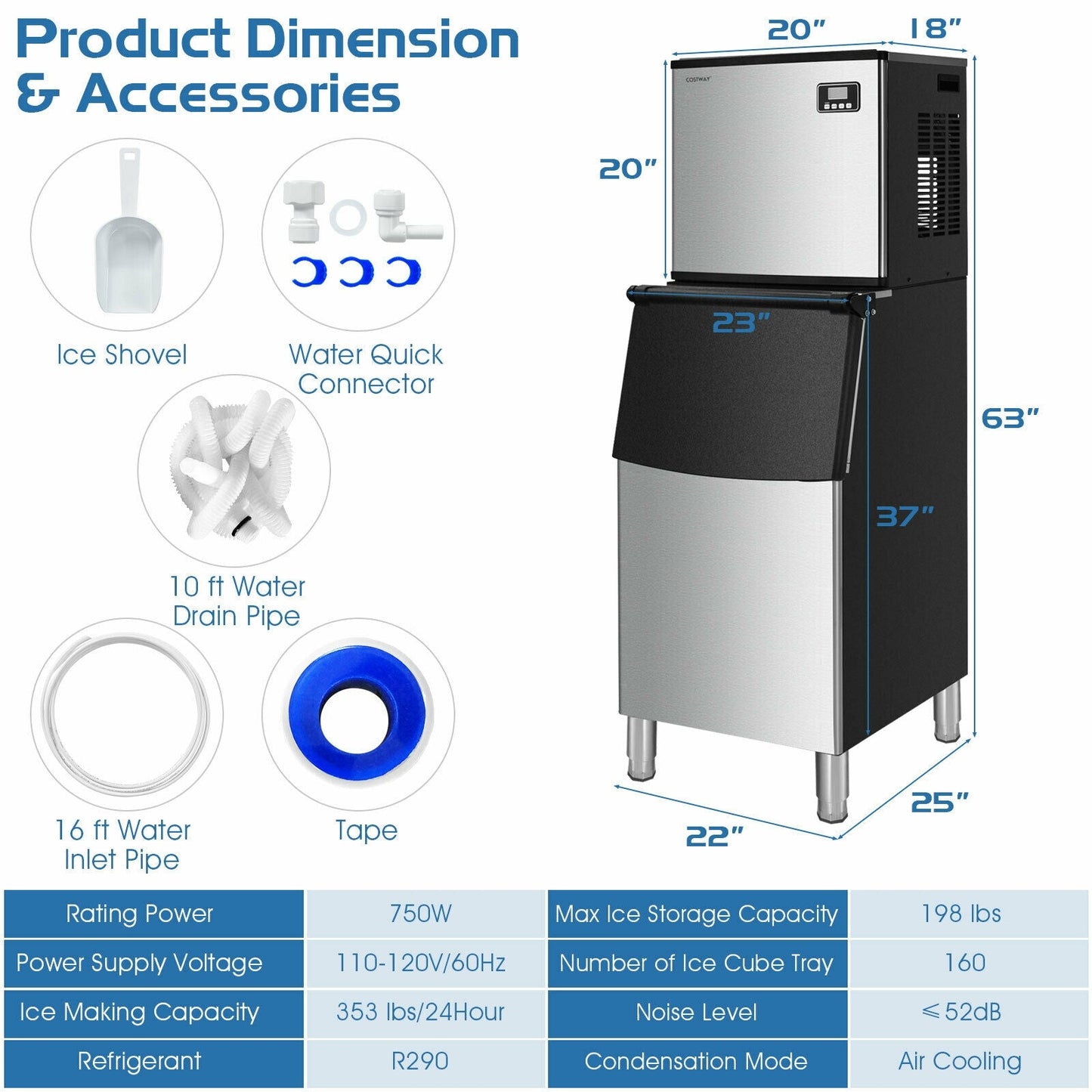Costway 353 lbs/24H Split Commercial Ice Maker w/ 198 lbs Storage Bin 23560871 New