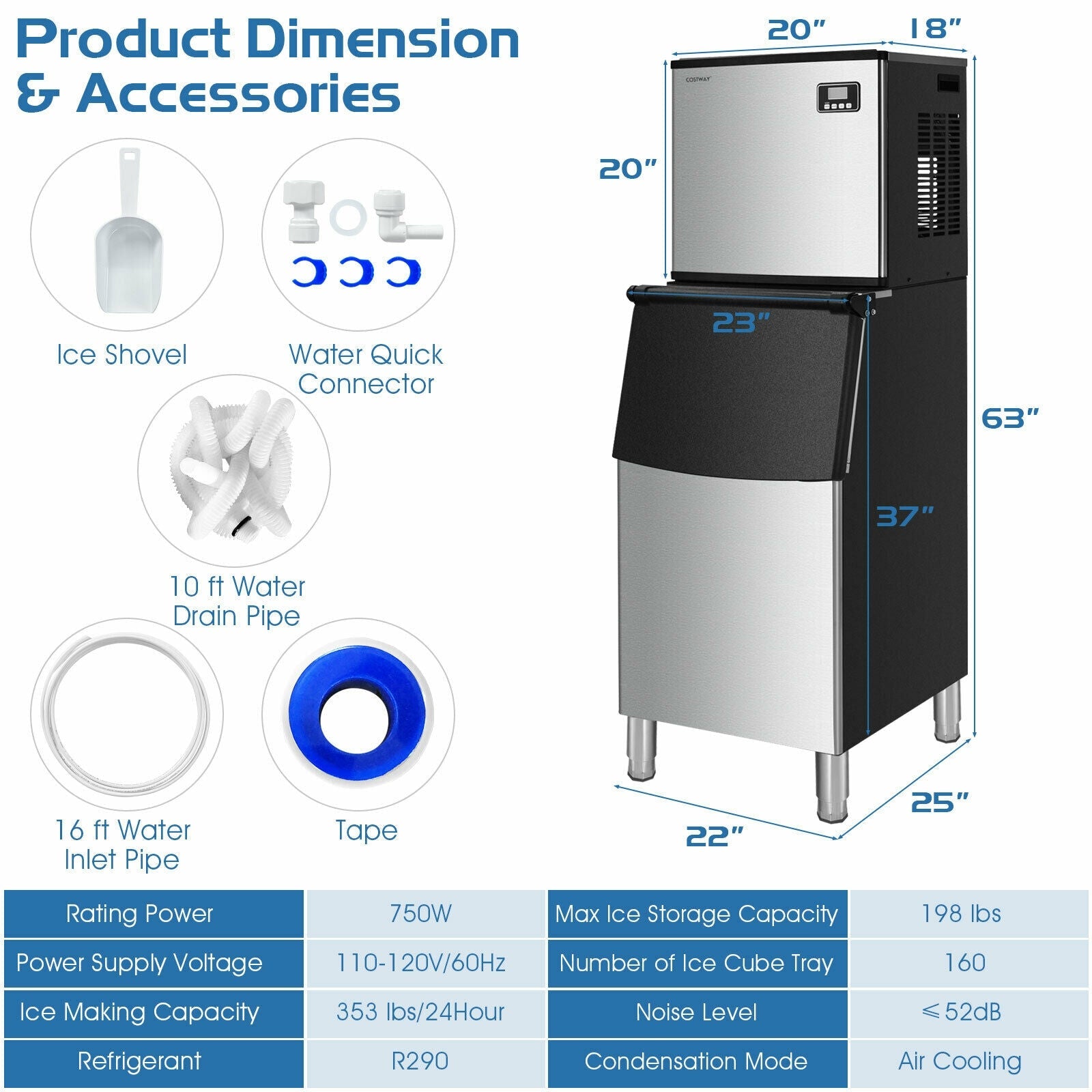 Costway 353 lbs/24H Split Commercial Ice Maker w/ 198 lbs Storage Bin 23560871 New
