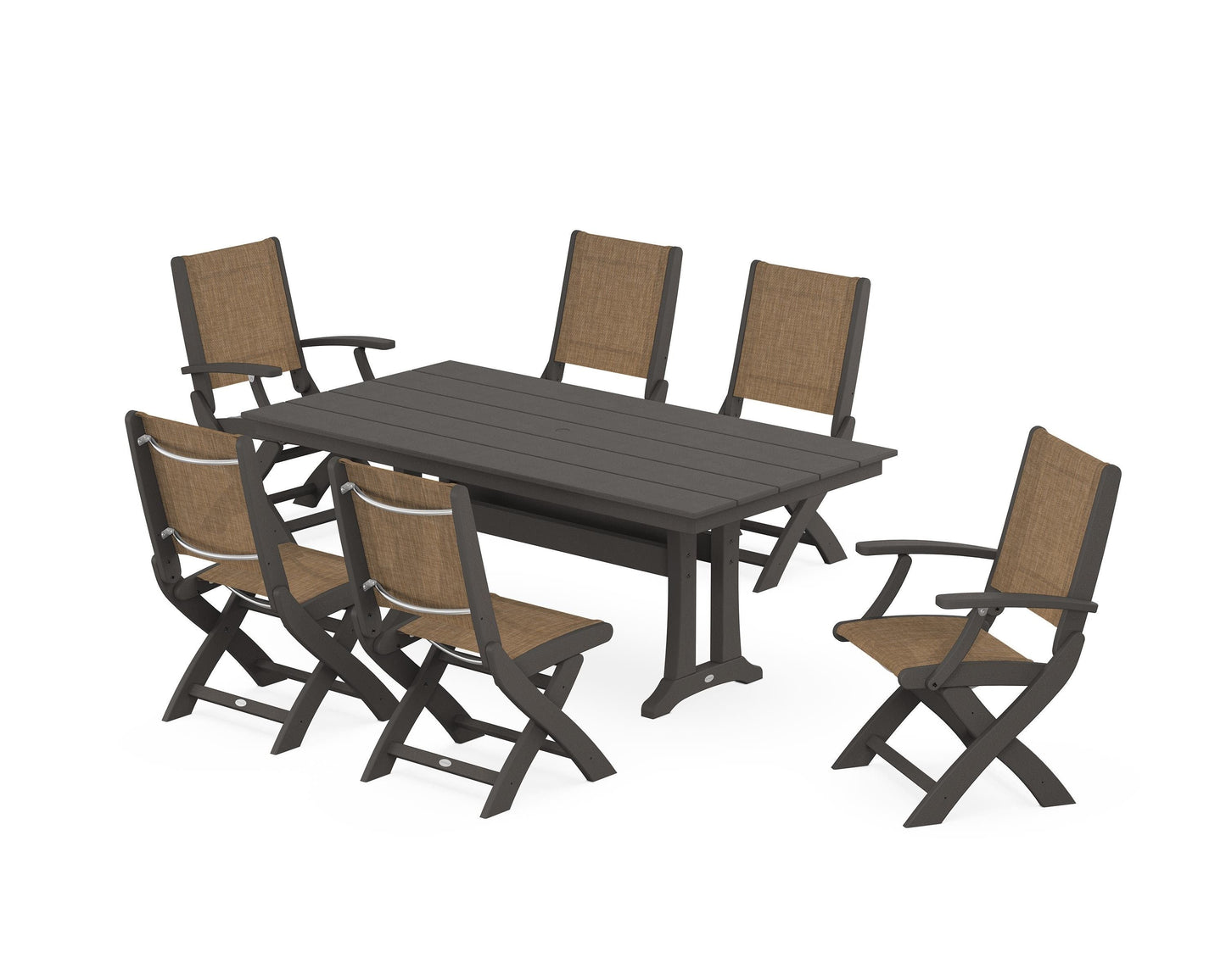 Coastal Folding Chair 7-Piece Farmhouse Dining Set with Trestle Legs