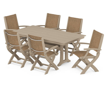 Coastal Folding Arm Chair 7-Piece Farmhouse Dining Set with Trestle Legs