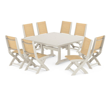 Coastal Folding Side Chair 9-Piece Dining Set with Trestle Legs