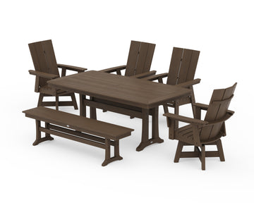Modern Curveback Adirondack Swivel Chair 6-Piece Dining Set with Trestle Legs and Bench