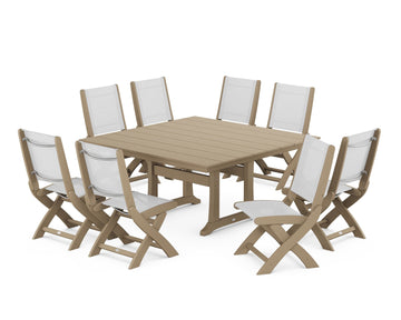 Coastal Folding Side Chair 9-Piece Farmhouse Dining Set