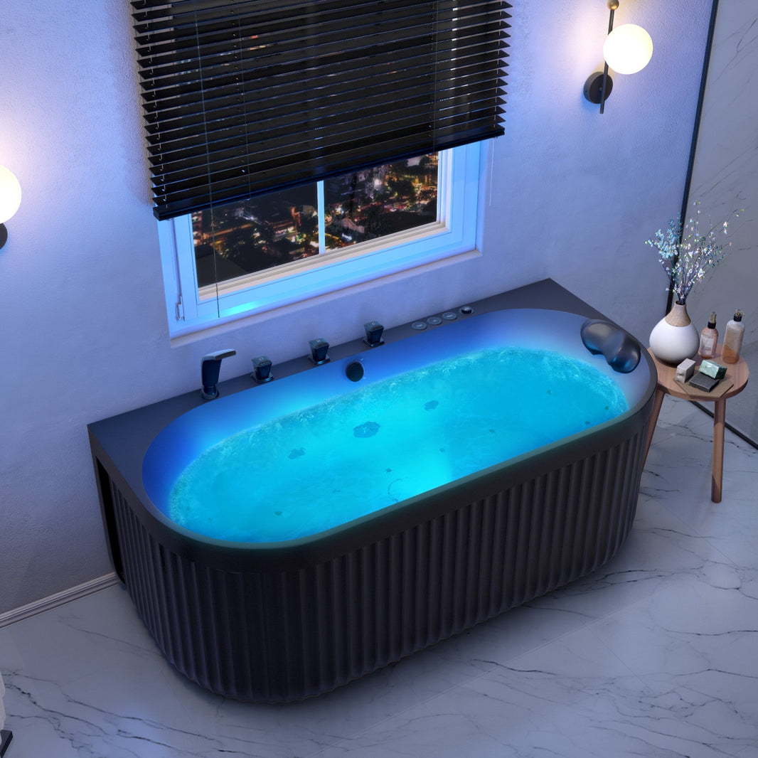 Anzzi Stone Belle Bathtub 67 x 32 in. Flat Bottom Freestanding with Massage Jets and Lights New