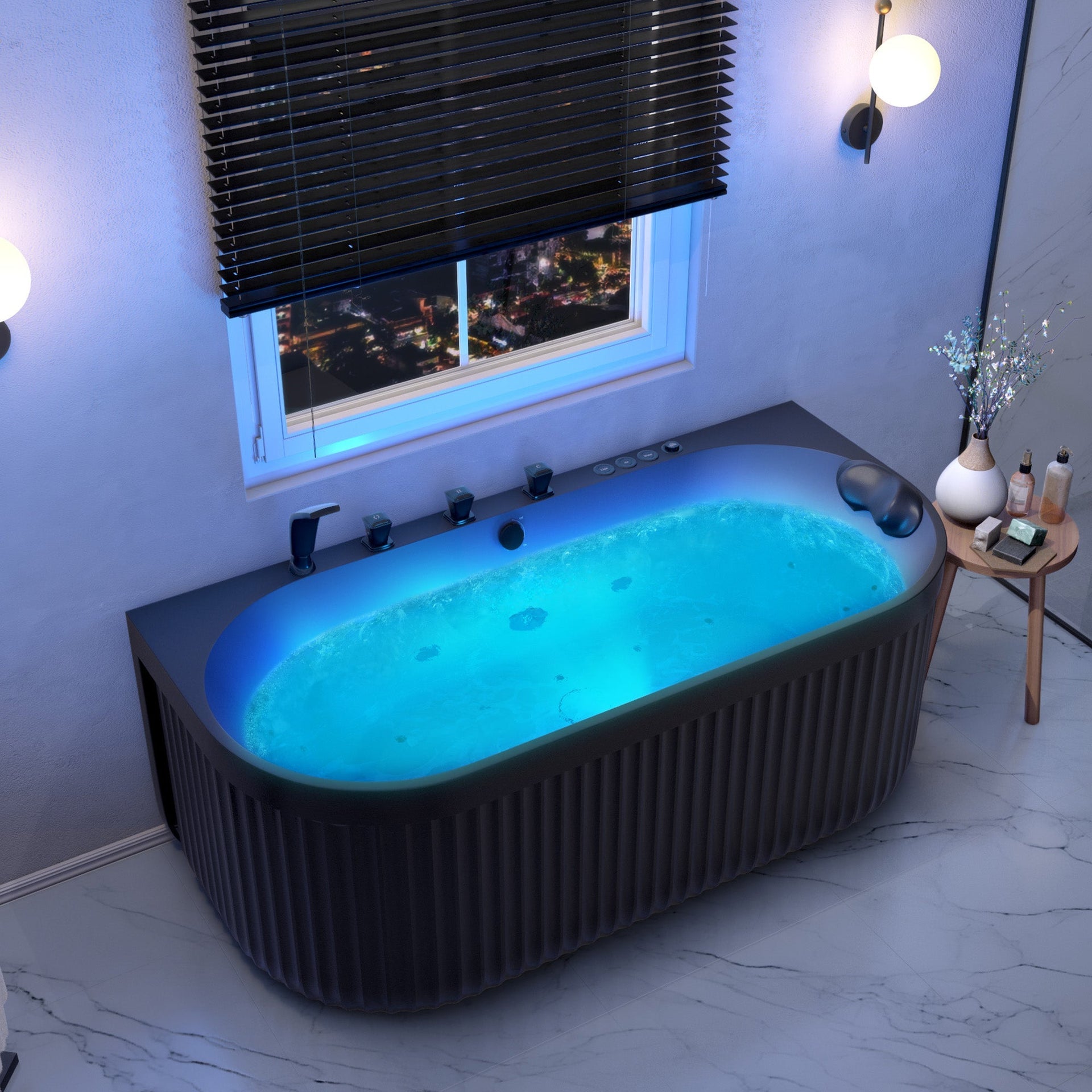 Anzzi Stone Belle Bathtub 67 x 32 in. Flat Bottom Freestanding with Massage Jets and Lights New