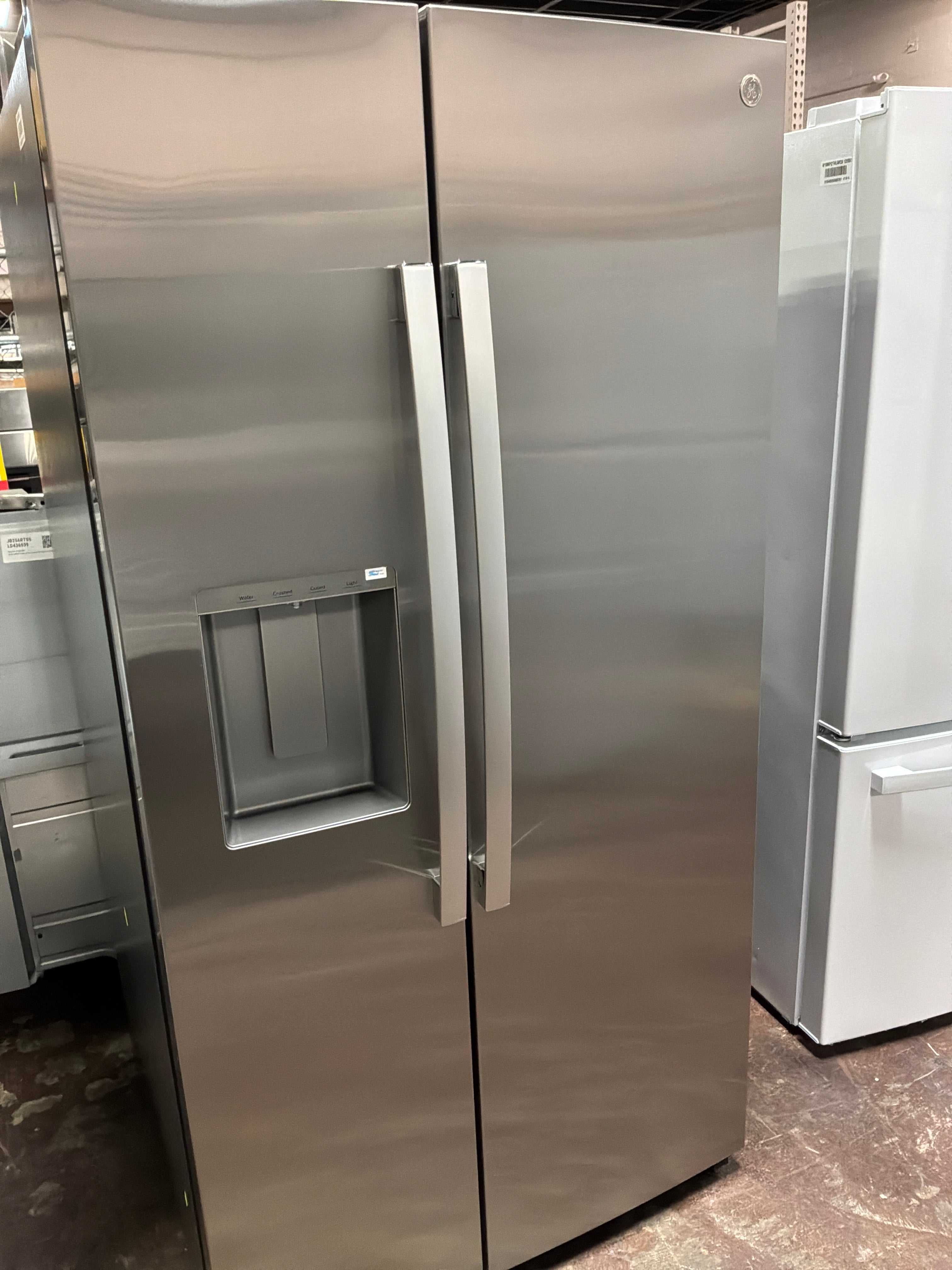 GE® 27.7 Cu. Ft. Side-By-Side Refrigerator with LED Light Walls, Extra Tall Dispenser, and Antimicrobial Refrigerator Drawer Liners