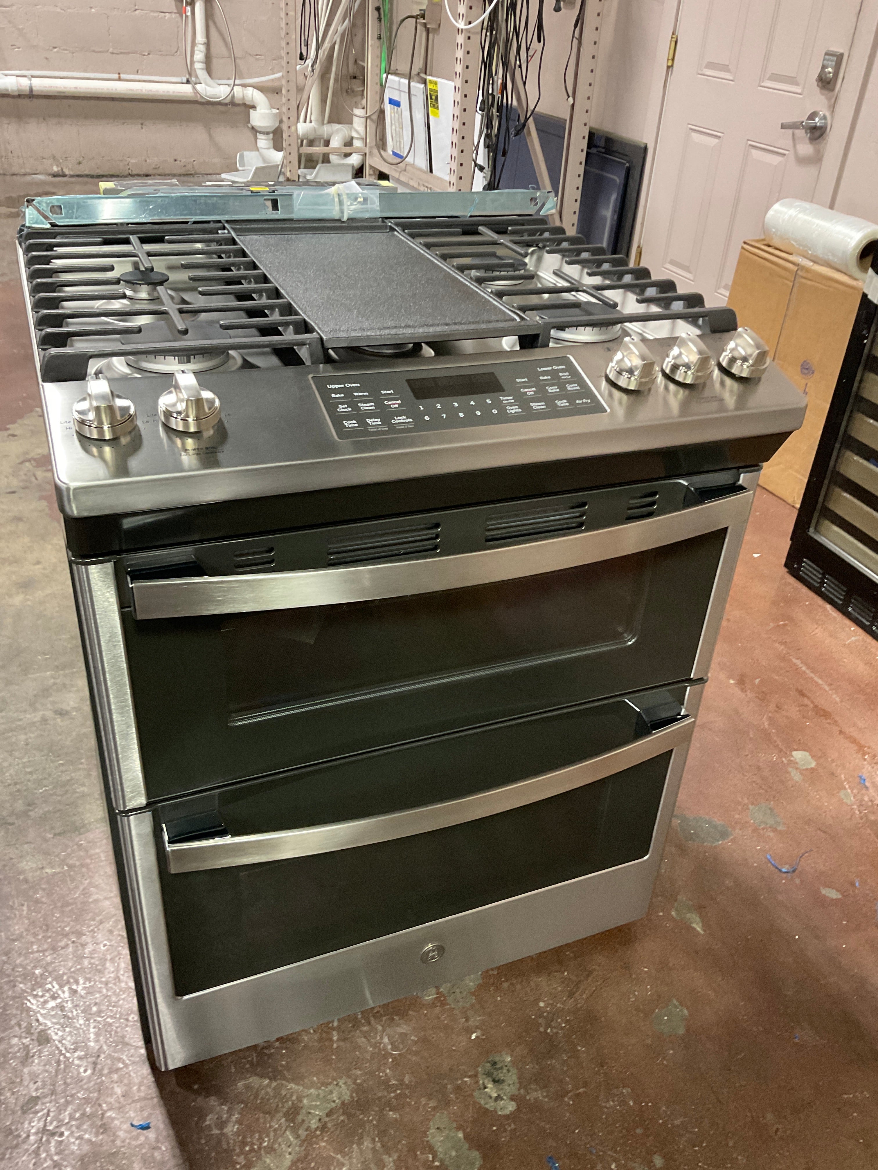 GE 30" Slide-In Front Control Gas Double Oven Range