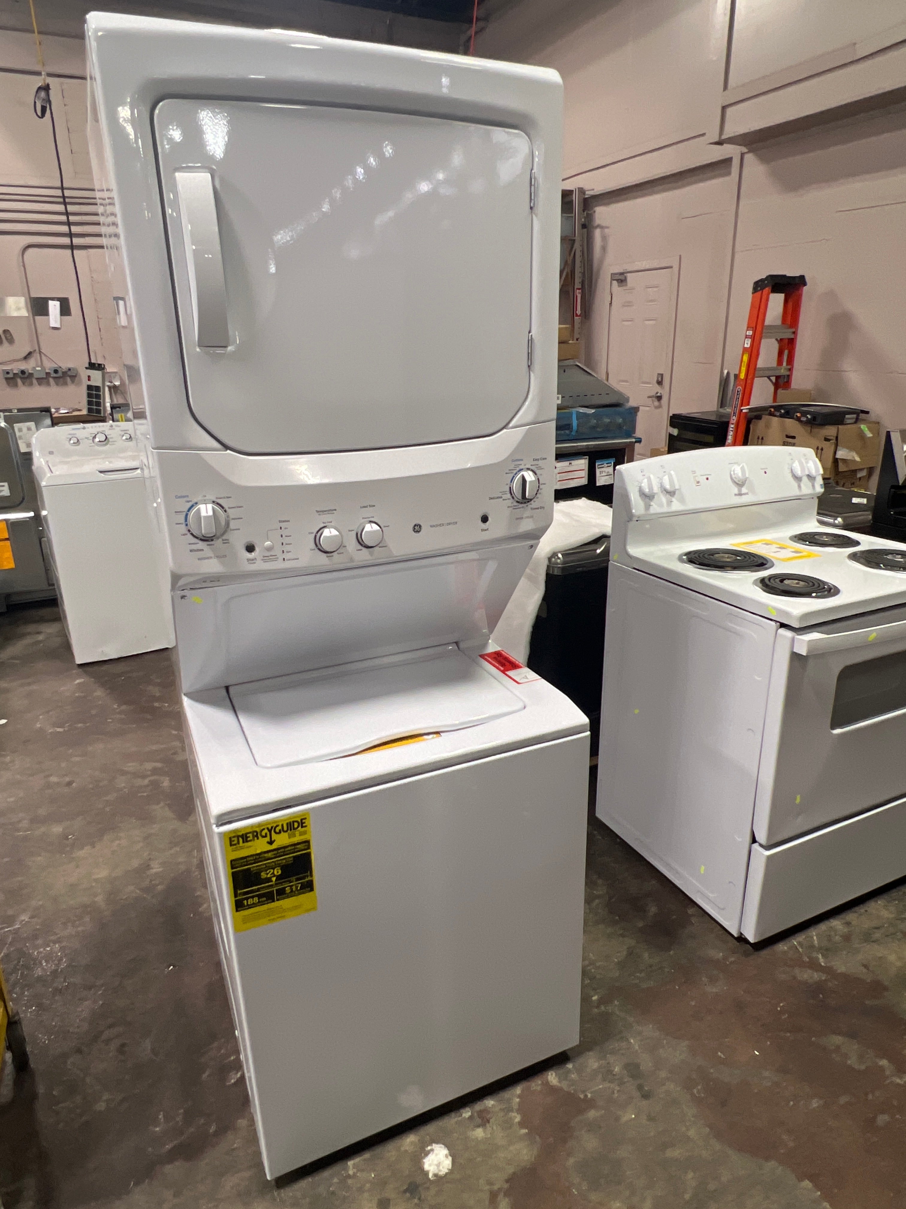 GE Unitized Spacemaker® 3.8 cu. ft. Capacity Washer with Stainless Steel Basket and 5.9 cu. ft. Capacity Electric Dryer