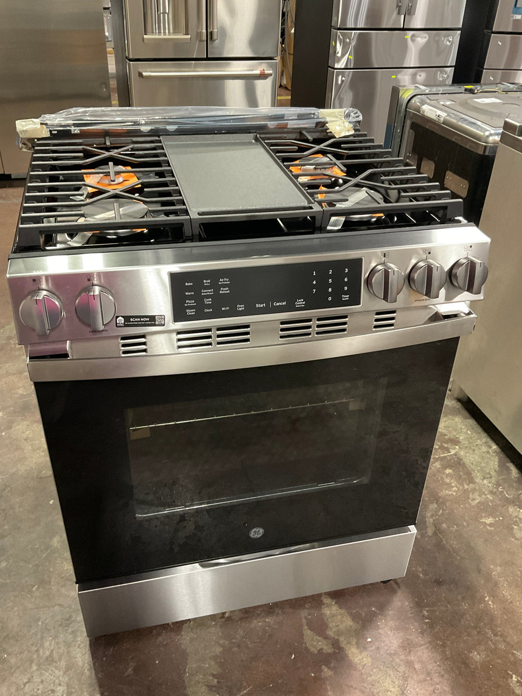 GE® 30" Slide-In Front-Control Convection Gas Range with No Preheat Air Fry and EasyWash™ Oven Tray