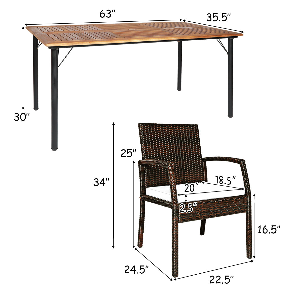Costway 7-Pc Patio Rattan Cushioned Dining Set w/ Umbrella Hole 39746208 New