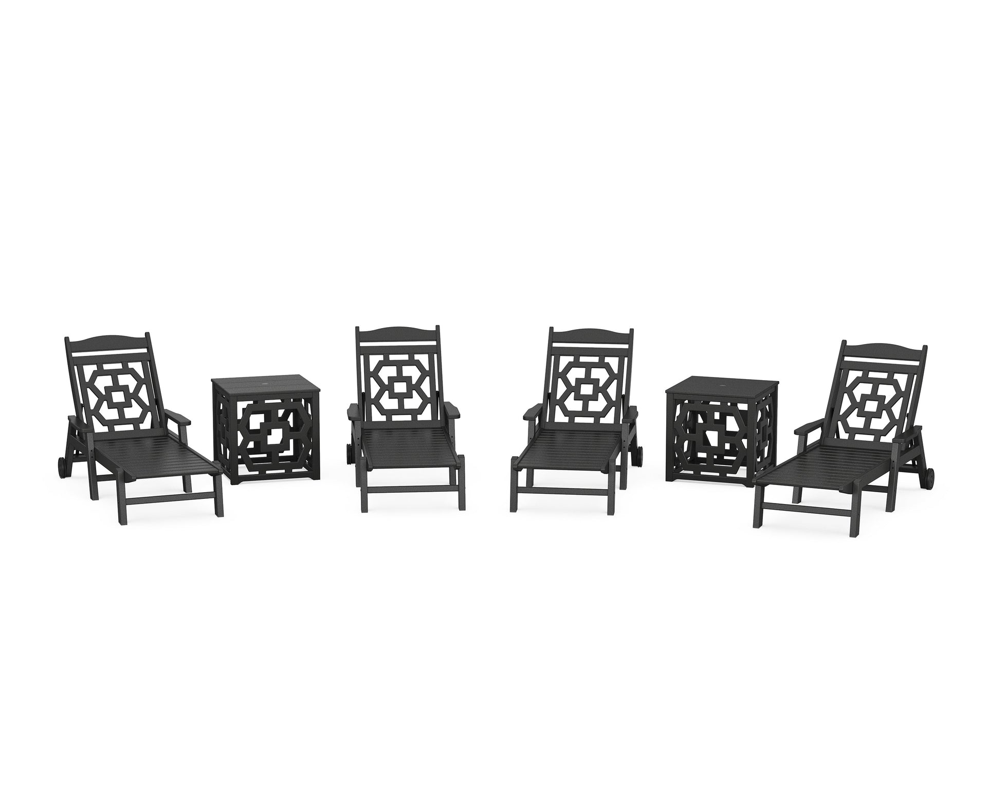Chinoiserie 6-Piece Chaise Set with Umbrella Stand Accent Table