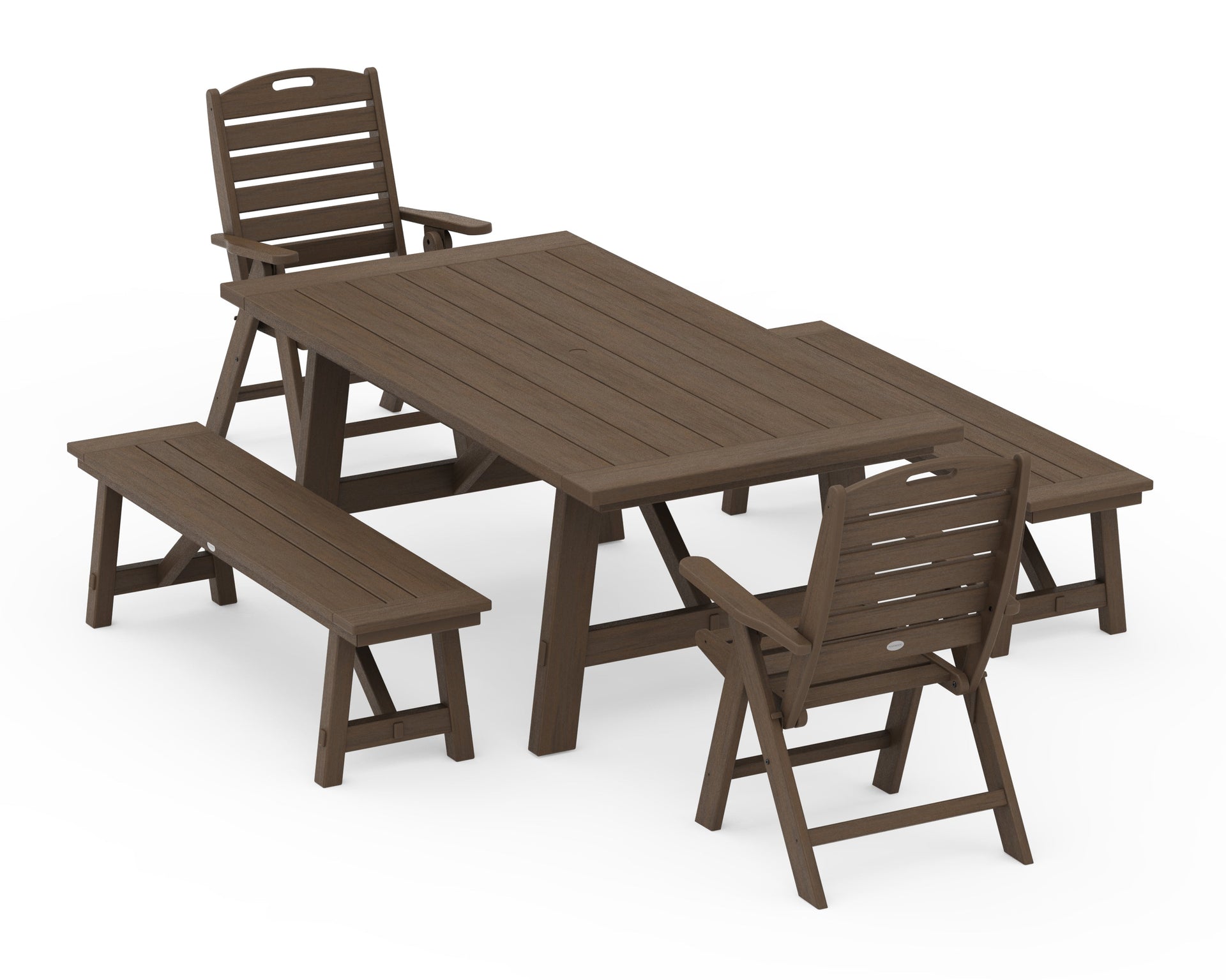 Nautical Folding Highback Chair 5-Piece Rustic Farmhouse Dining Set With Benches