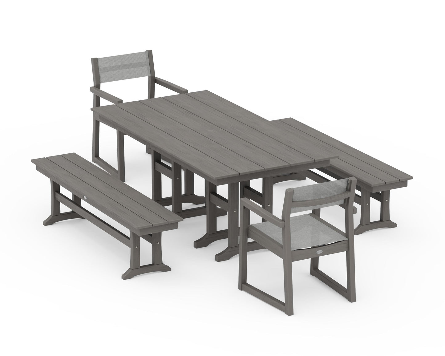 EDGE Sling Arm Chair 5-Piece Farmhouse Dining Set with Benches