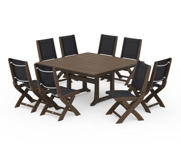 Coastal Folding Side Chair 9-Piece Dining Set with Trestle Legs