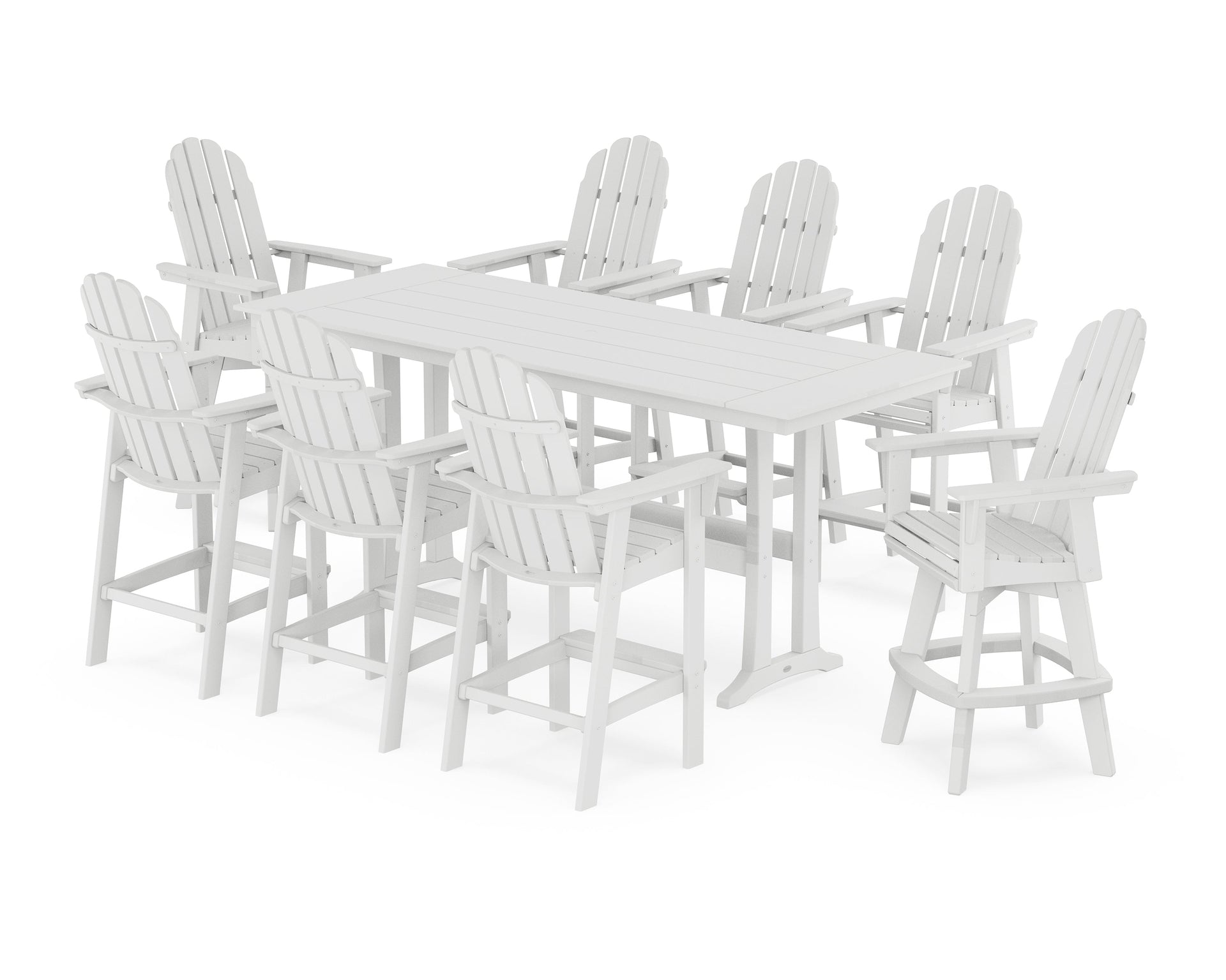 Vineyard Curveback Adirondack Swivel 9-Piece Farmhouse Bar Set with Trestle Legs