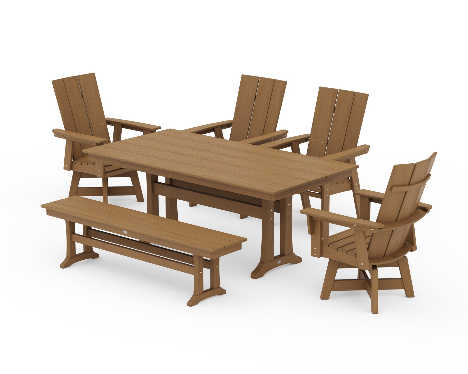Modern Curveback Adirondack Swivel Chair 6-Piece Farmhouse Dining Set With Trestle Legs and Bench