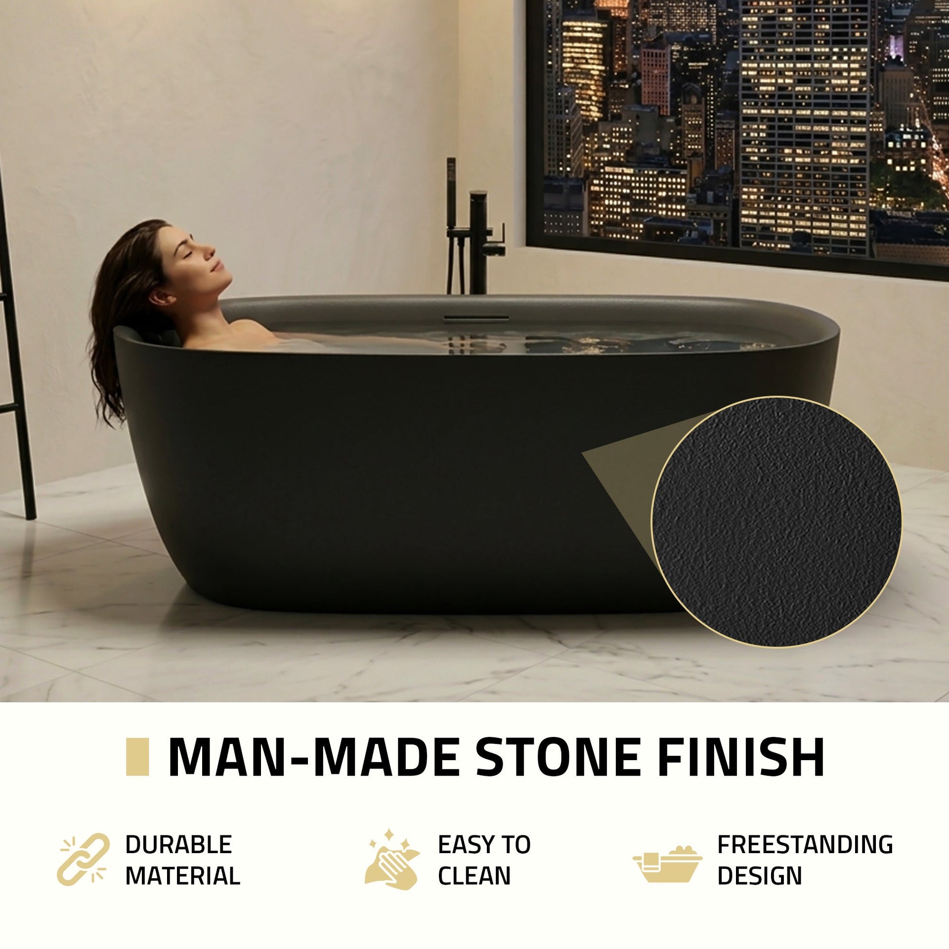 Anzzi Deep Soaking Bathtub 67 x 32 in. Rectangle Freestanding Stone Resin New