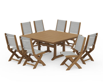 Coastal Folding Side Chair 9-Piece Farmhouse Dining Set