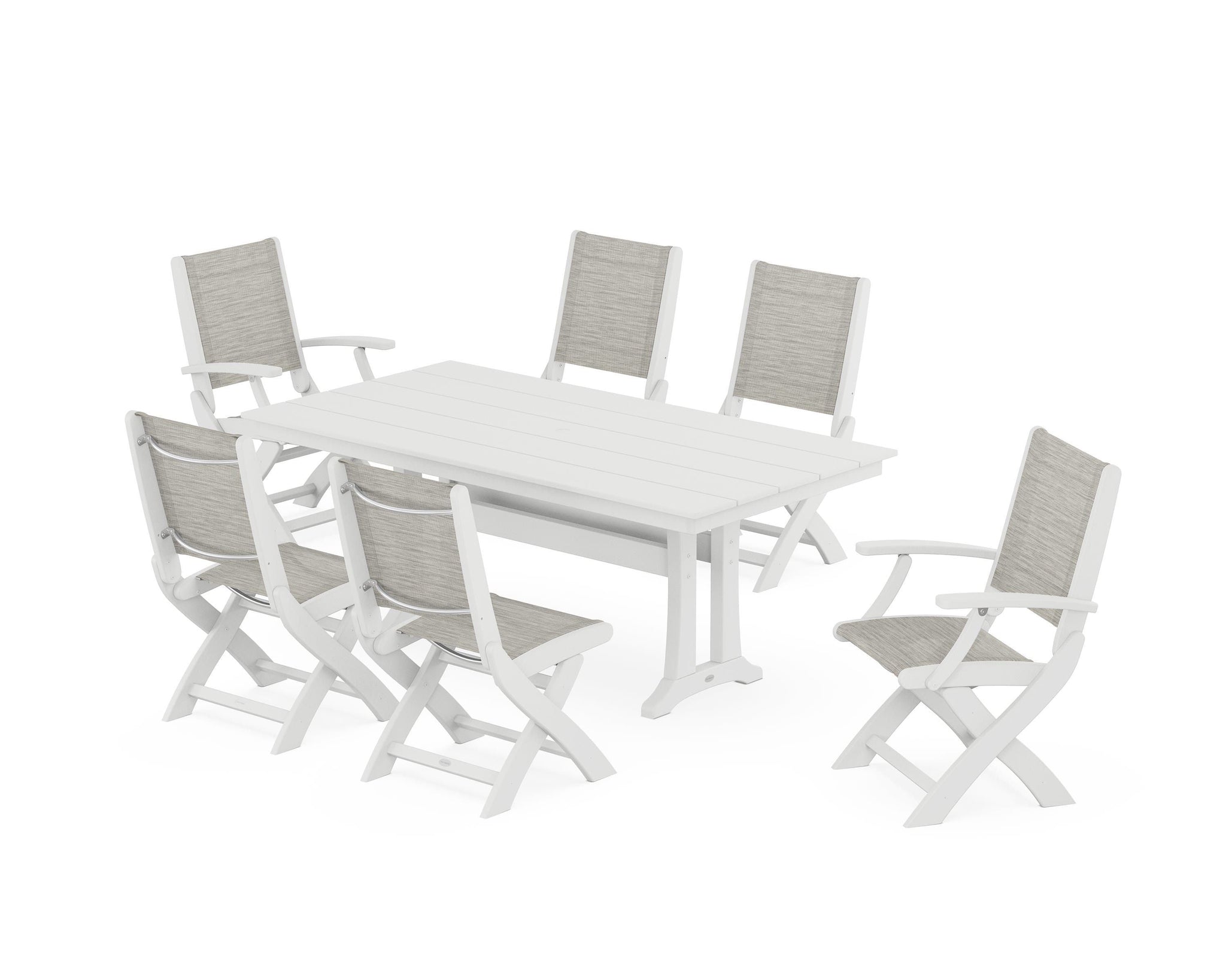 Coastal Folding Chair 7-Piece Farmhouse Dining Set with Trestle Legs