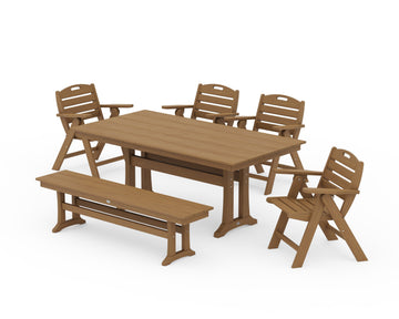 Nautical Lowback 6-Piece Farmhouse Dining Set with Trestle Legs and Bench