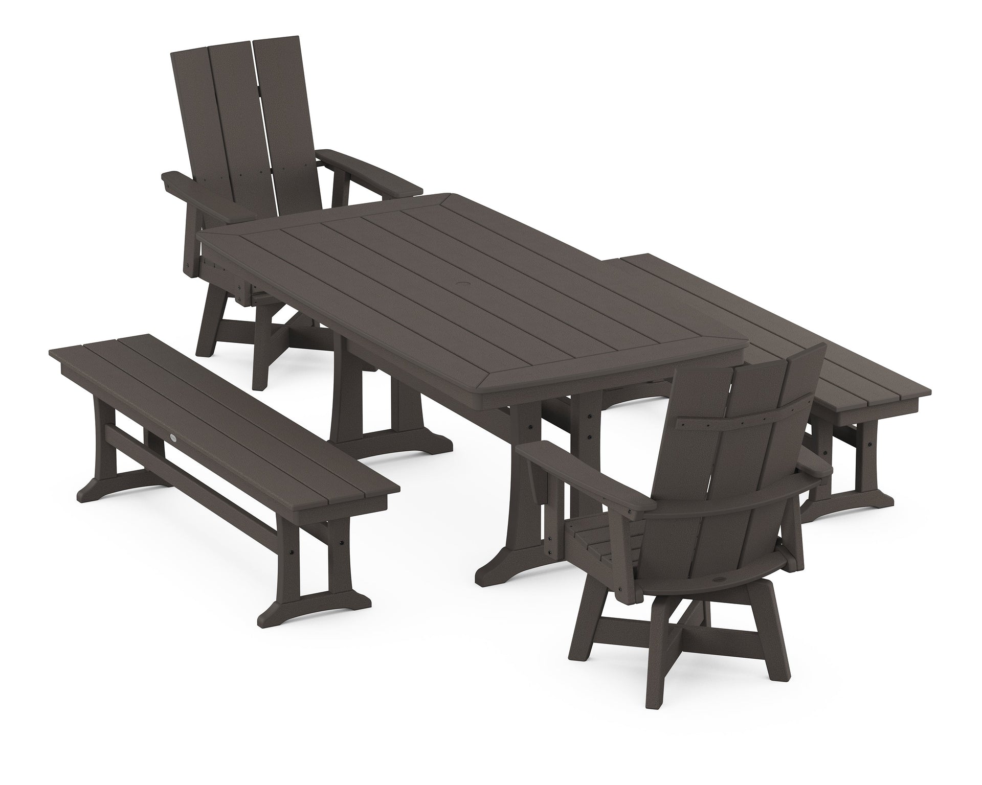 Modern Curveback Adirondack Swivel Chair 5-Piece Dining Set with Trestle Legs and Benches