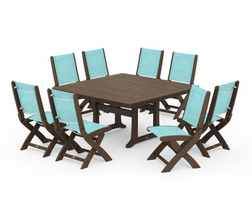 Coastal Folding Side Chair 9-Piece Dining Set with Trestle Legs