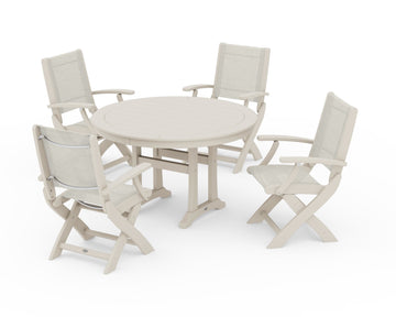 Coastal Folding Chair 5-Piece Round Dining Set with Trestle Legs