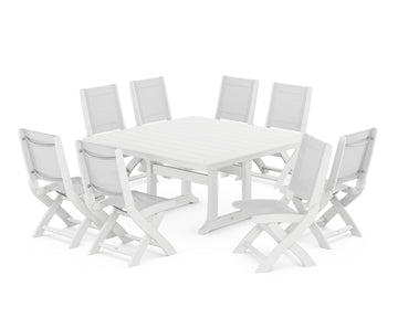 Coastal Folding Side Chair 9-Piece Dining Set with Trestle Legs