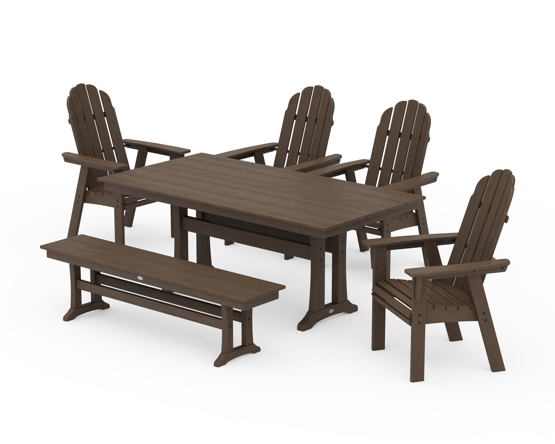 Vineyard Curveback Adirondack Chair 6-Piece Farmhouse Dining Set with Trestle Legs and Bench