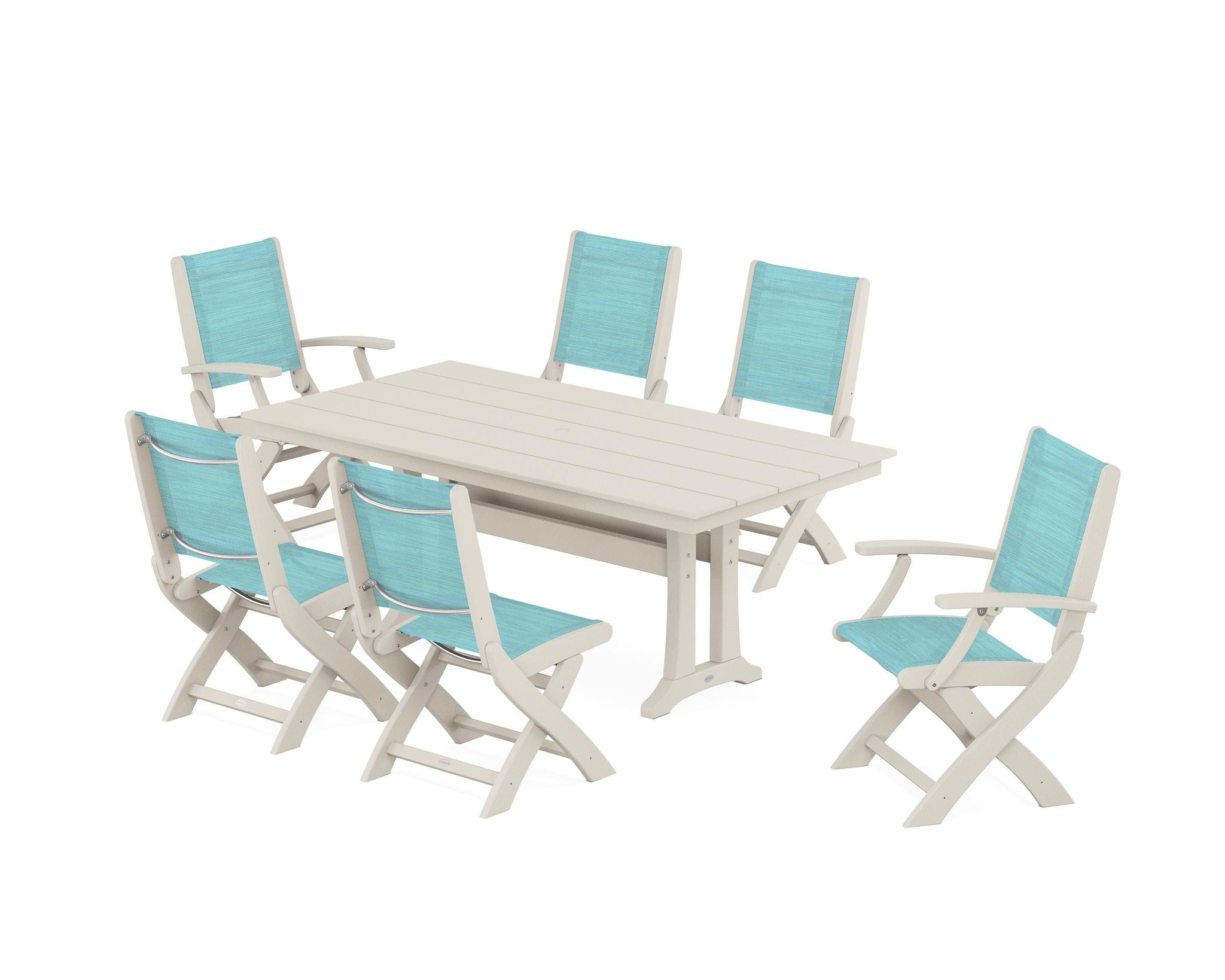 Coastal Folding Chair 7-Piece Farmhouse Dining Set with Trestle Legs