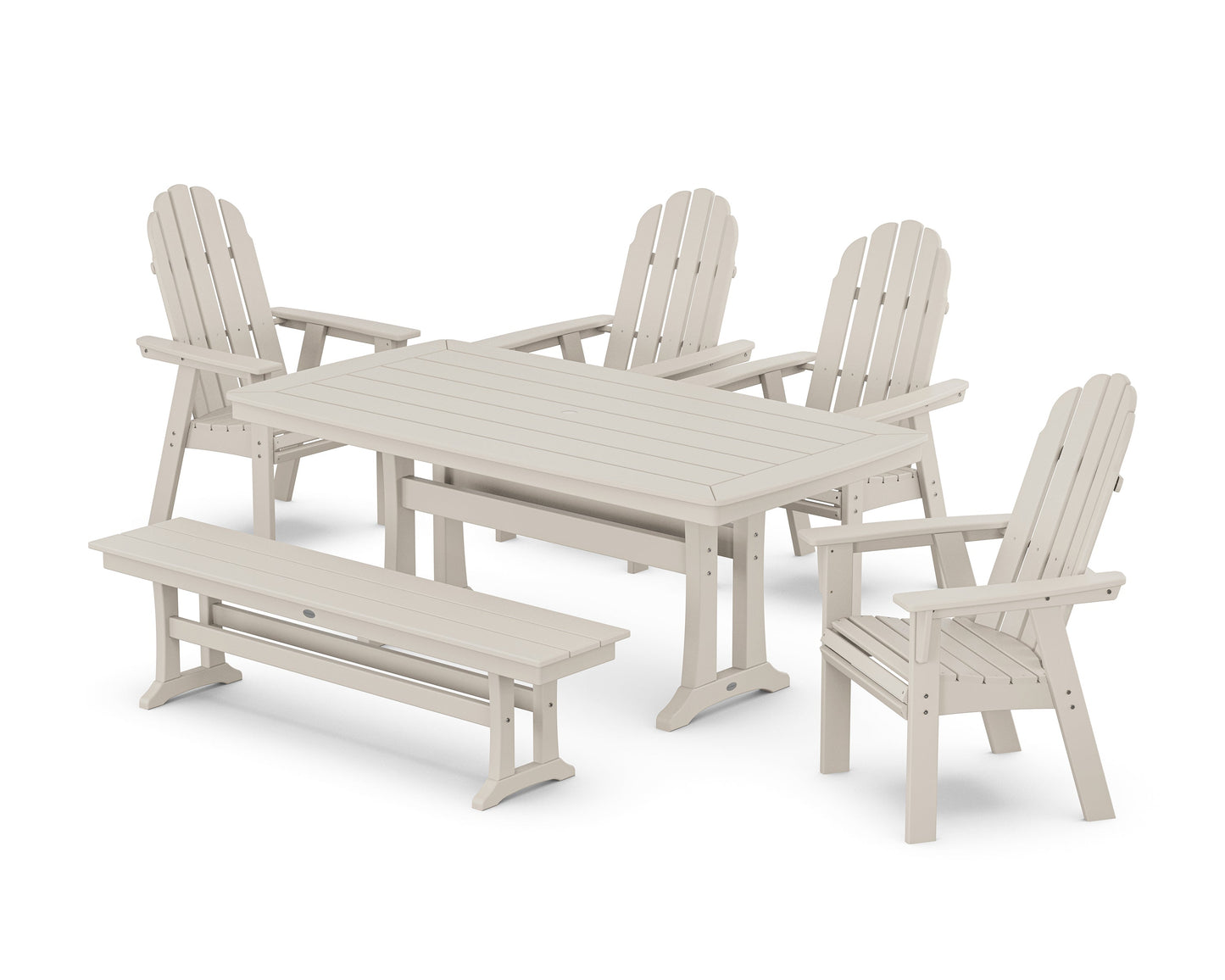 Vineyard Curveback Adirondack Chair 6-Piece Dining Set with Trestle Legs and Bench