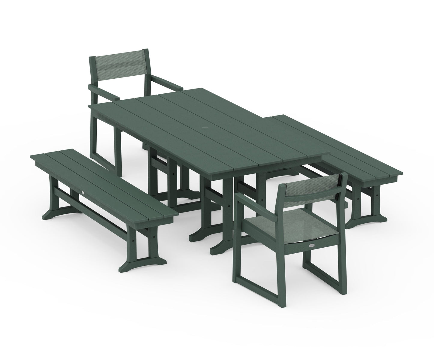 EDGE Sling Arm Chair 5-Piece Farmhouse Dining Set with Benches