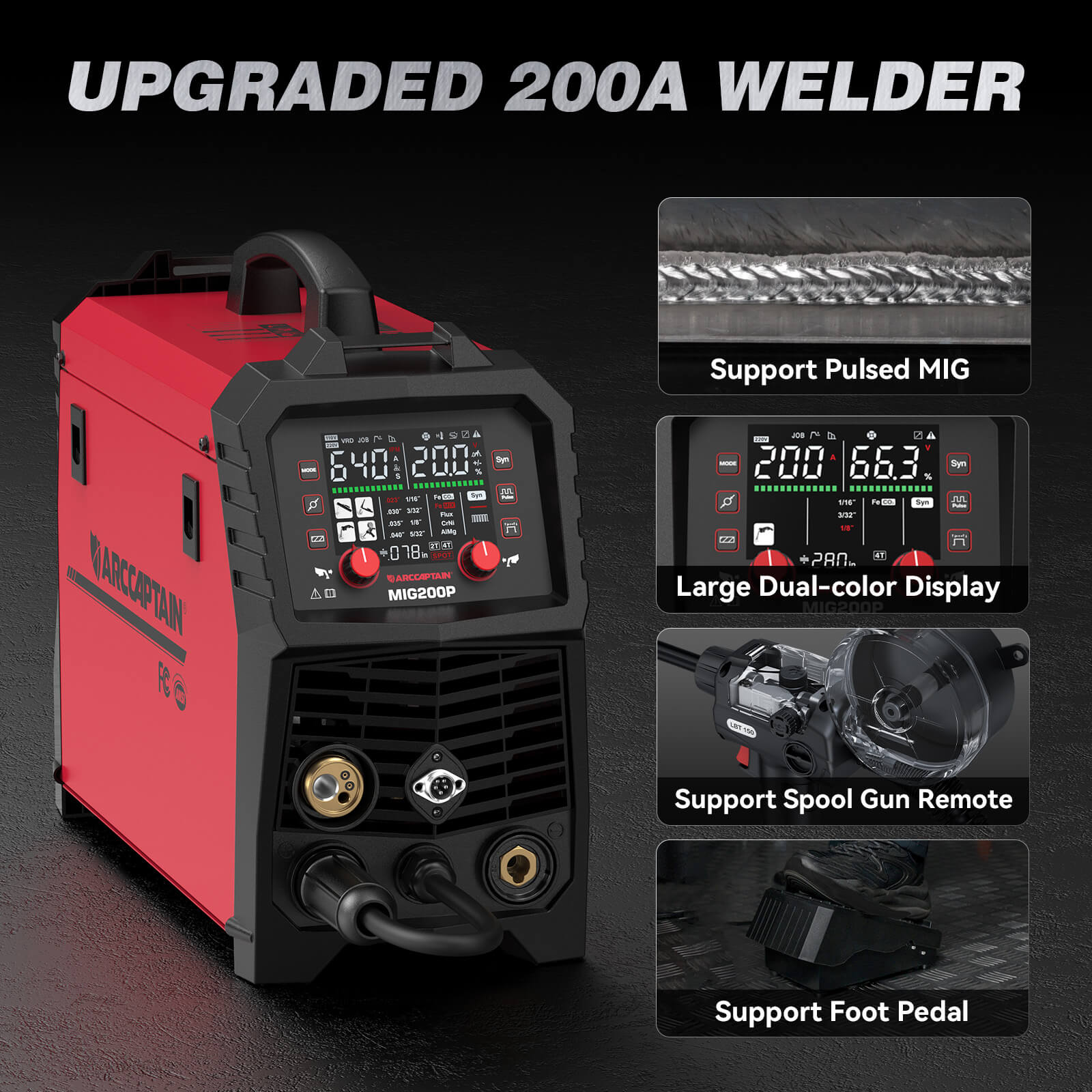 Arccaptain MIG200P Welder 7-in-1 Pulse MIG 200A Synergic Dual Voltage 110/220V New